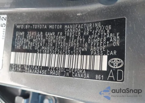 2006 Toyota Corolla Ce из США, поврежденный, VIN 2T1BR32E26C651203